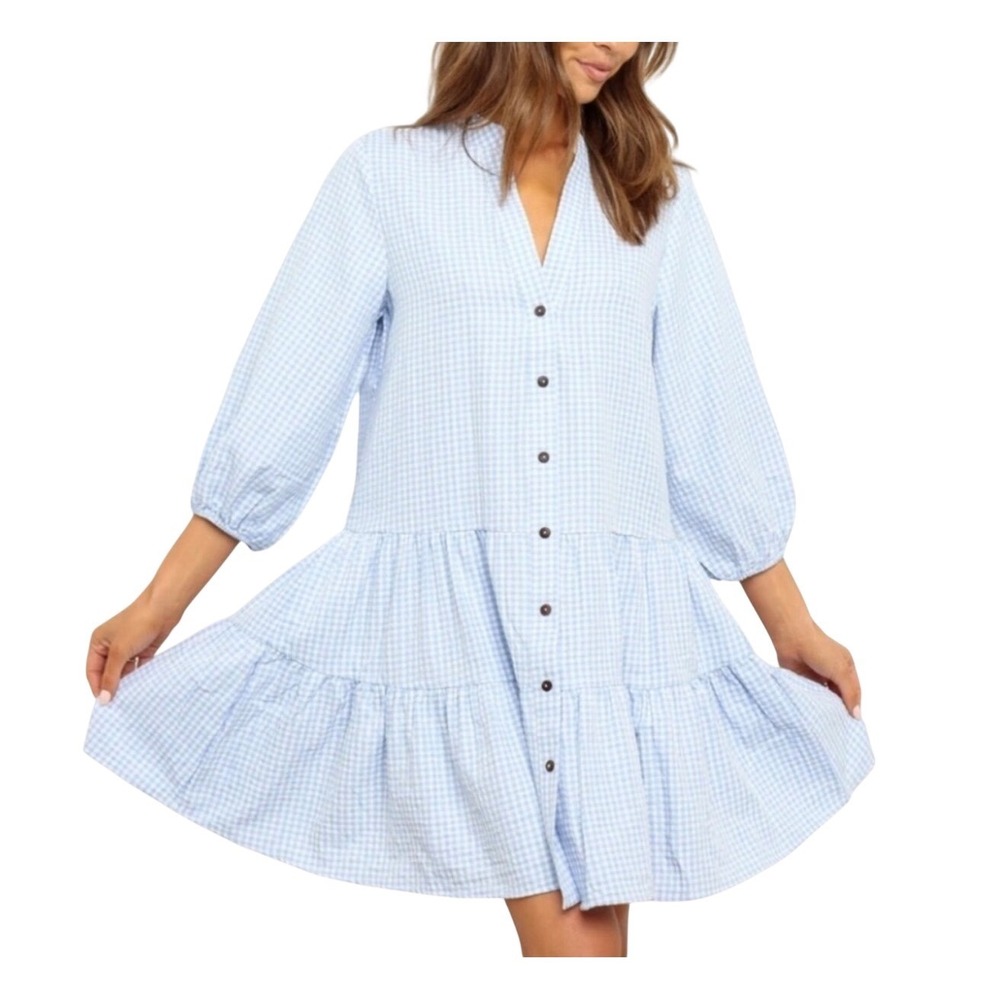 Petal & Pup Daria Dress Tiered Mini Gingham‎ Button White Blue Size Small